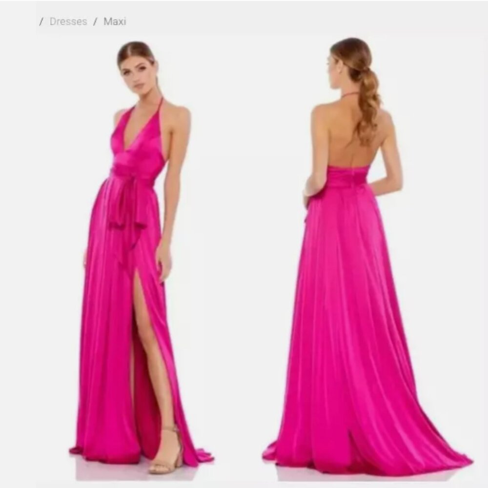 MAC DUGGAL 26531 CHARMEUSE HALTER STRAP SOFT TIE WAIST MAGENTA GOWN 2